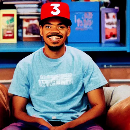 Prompt: a tv still of Chance The Rapper starring as a college student in a 1998 black sitcom, 40mm lens