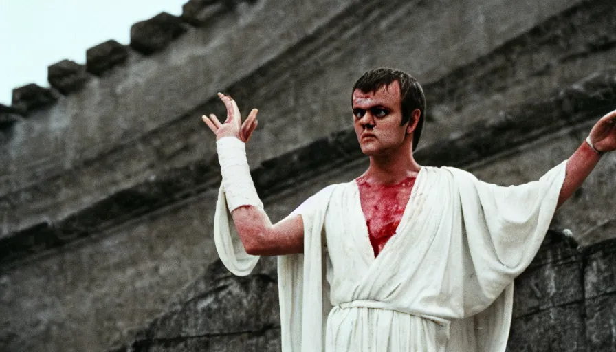 Image similar to 1 9 7 0 s movie still close - up of caligula in a white toga stabbed to death bleeding heavy blood on ancient amphitheater's stairs, cinestill 8 0 0 t 3 5 mm, high quality, heavy grain, high detail, dramatic light, anamorphic, blood