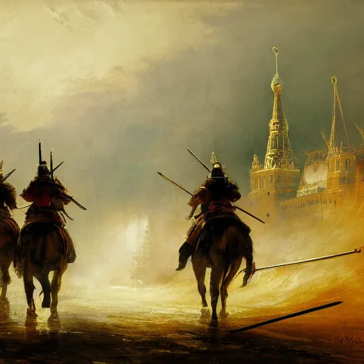 Image similar to highly detailed painting of samurais patrolling moscow, by william turner, by greg rutkowski, by william constable, thick brush strokes and visible paint layers, 4 k resolution