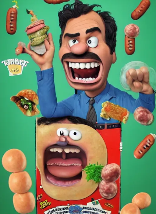Image similar to hyperrealistic mark ruffalo caricature screaming on a dartboard surrounded by big fat frankfurter sausages with a trippy surrealist mark ruffalo screaming portrait on The Amazing World of Gumball by and norman rockwell and aardman animation, mark ruffalo caricature dartboard with hot dogs, breakfast box mascot, target reticles
