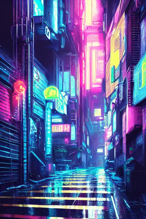 Image similar to street view of a cyberpunk alley, in the style of Blade Runner, rainy weather, neon lighting, vaporwave, retro wave, synthwave, highly detailed, digital painting, concept art, illustration, artstation, Roger Deakin's cinematography, Liam Wong, photo-realistic, 8k