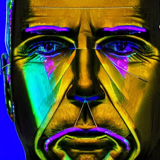 Image similar to portrait of basalt robot face, joe biden, iridescent colors, faceted reflections, angry looking at camera, lasers shooting out of eyes, outdoor, black sky, 8 k, realistic, depth of field, highly detailed, award winning photography.