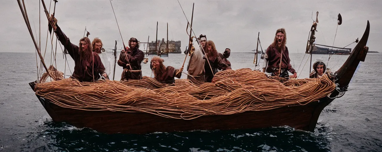 Image similar to vikings sailing on a boat filled with spaghetti, baltic sea, canon 5 0 mm, super detailed face, facial expression, cinematic lighting, photography, retro, film, kodachrome