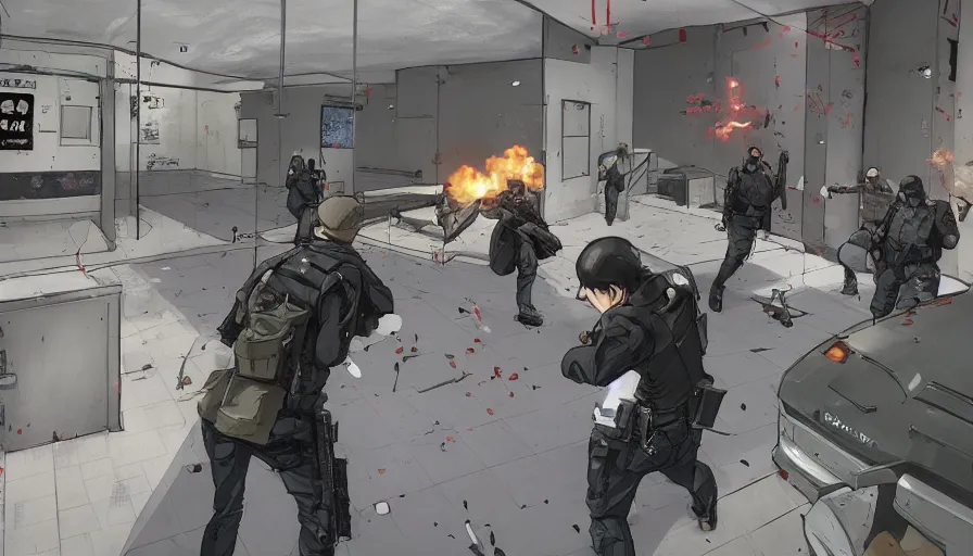 Prompt: Concept art of a shootout between Police and bank robbers near bank vault in a multiplayer stealth first person bank robbery simulator game, A lot of Money, set in 19XX, anime style graphics inspired by Akira + Heat + Metal Gear Solid 4, Unreal engine 5, anime bullet vfx, bullet holes, Highly Detailed, Vibrant, created by Arc System Works + Hideo Kojima + Rockstar