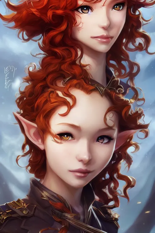 Image similar to A beautiful anime portrait of a curly haired redhead female elf, rpg ranger outfit, elven bow, by Stanley Artgerm Lau, WLOP, Rossdraws, James Jean, Andrei Riabovitchev, Marc Simonetti, and Sakimichan, tranding on artstation