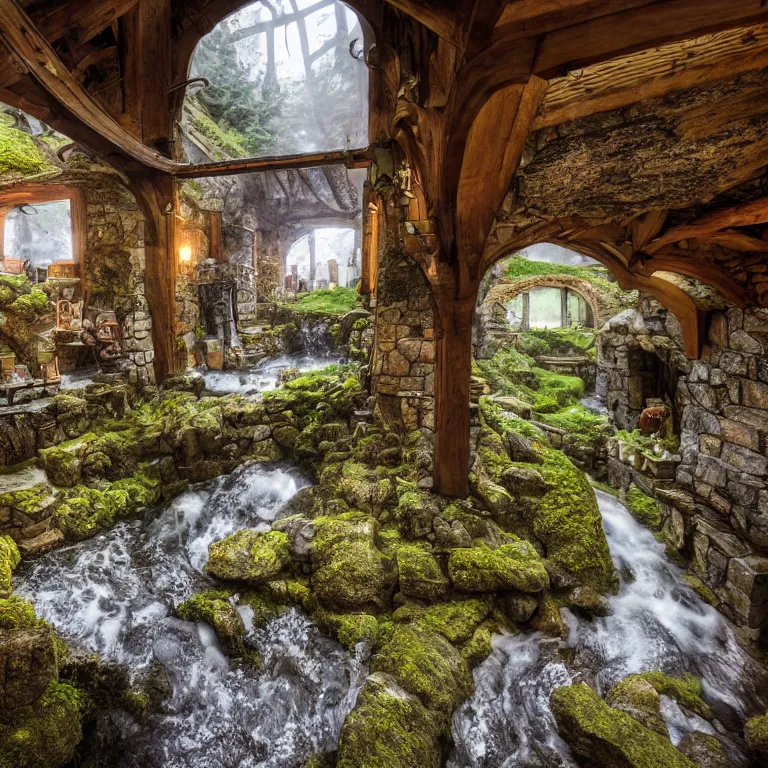 Image similar to inside a medieval hobbit home, ornate, beautiful, atmosphere, vibe, mist, smoke, chimney, rain, wet, pristine, puddles, waterfall, melting, snow, creek, lush, ice, bridge, forest, flowers, akihiko yoshida, james jean