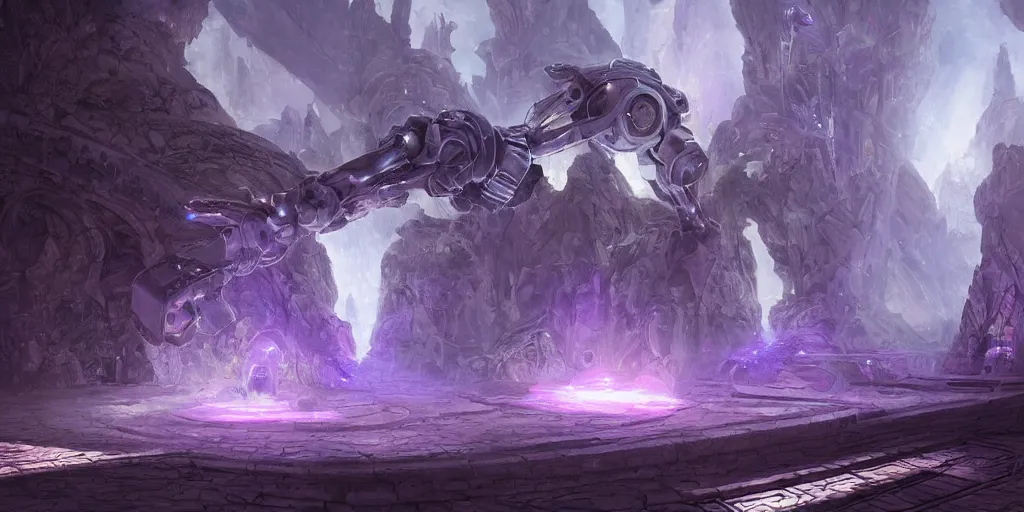 Prompt: a digital painting of a big robot made of white stone, purple crystal inlays, wow kyrian style, by jonas de ro and samwise didier, keeping the entrance of a sanctum, crystals enlight the scene, view is centered on the robot, cinematic lights, at dawn, unreal engine, attestation, deviantart