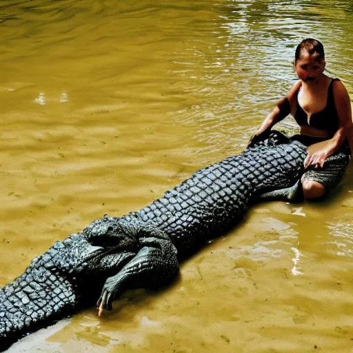 Image similar to a human - crocodile hybrid, wildlife photography