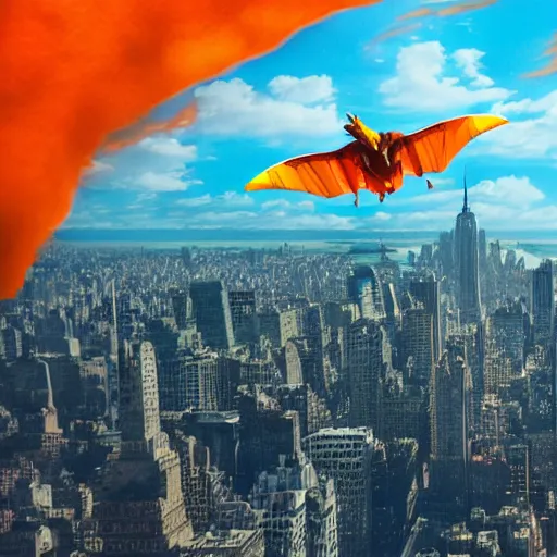 Image similar to charizard flying above new york, realistic extremely detailed photo style painting, granular detail, holographic krypton ion, octane render, 4 k, f 3 2, 5 5 mm photography, wide angle