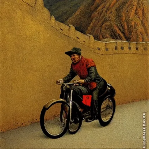 Prompt: biker on the great wall. by michael sowa.