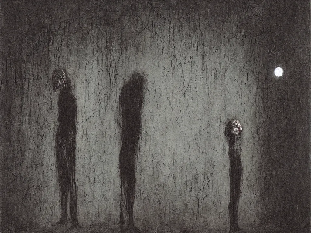 Image similar to a young slender man with a long red hair experiencing a nightmarish psychosis in a dark alley, full moon lighting, Painting by Beksinski, Max Ernst, Eric Lacombe, Eugene Berman