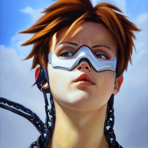 Prompt: oil painting of tracer overwatch in a field wearing large steel choker around neck, in style of mark arian, expressive face, detailed face, detailed eyes, full body, feminine face, tracer overwatch,