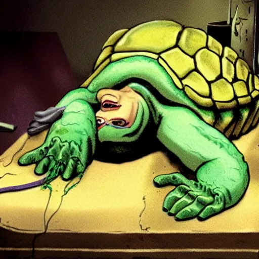 Image similar to foto of frankenstein reanimating turtle from the dead in a op room