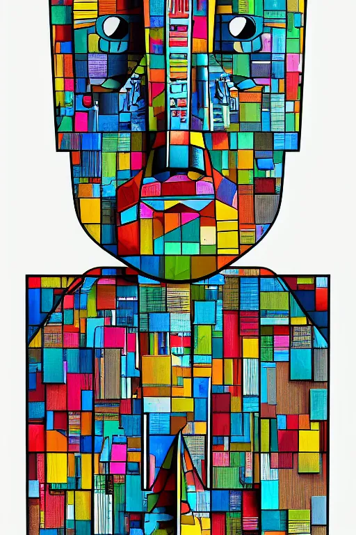 Image similar to cubist moai statue cutout digital illustration cartoon colorful beeple