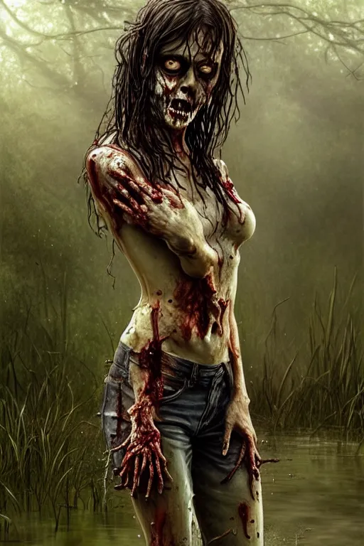 Image similar to full body portrait of walking dead zombie, standing in a pond, soaking wet hair, by terry o'neill intricate, elegant, highly detailed, digital painting, glistening skin, artstation, concept art, smooth, sharp focus, bright lighting, illustration, art by artgerm and greg rutkowski and alphonse mucha, 8 k