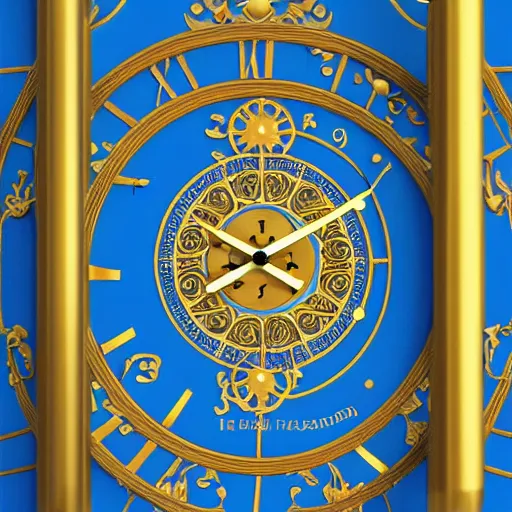 Prompt: an ornate golden wall clock in blue room, digital art, highly detailed, high contrast, beautiful lighting, award winning, trending on art station, photorealistic, 8 k,