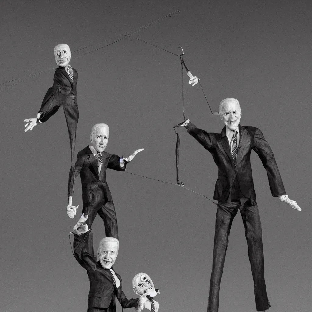 Prompt: Joe Biden as a marionette, shadowy corporate CEO holding the strings, digital art, ominous atmosphere, highly detailed, low angle