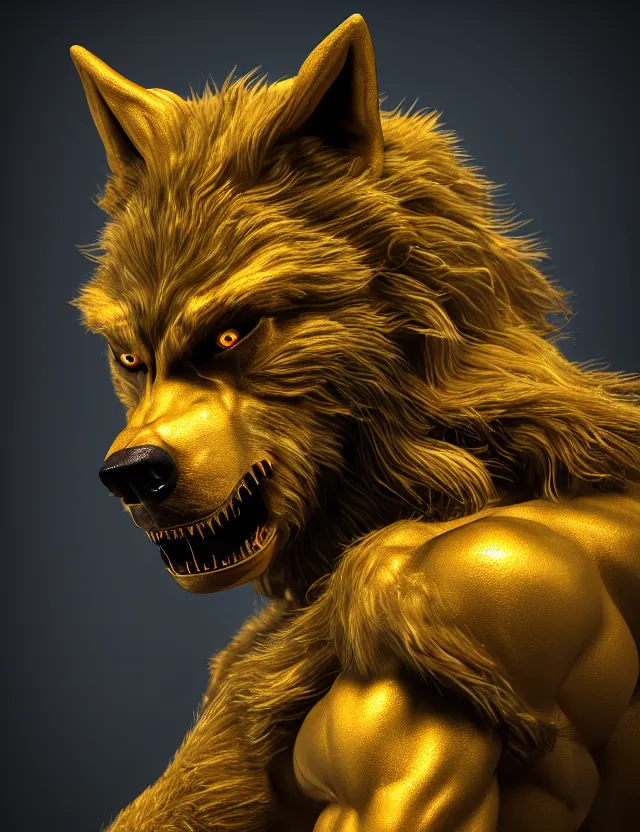 Image similar to portrait of a werewolf with delicate golden biomechanical components. studio photography, 3 d render, 4 k, rimlight, complementary colors.
