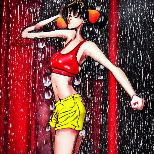 Image similar to banana wearing red shorts dancing in the rain, hyper detailed, photo realistic