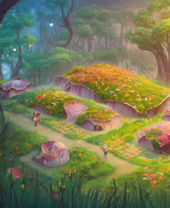 Image similar to a simple, whimsical school made from flowers, overgrown with huge exotic fungus, deep in the woods, cheerful, partly cloudy, by dan mumford, yusuke murata, makoto shinkai, ross tran, dreamy, cinematic, unreal engine, cel shaded, featured on artstation, pixiv