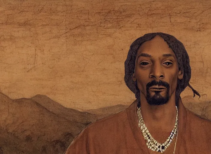 Image similar to a very high resolution image from a new movie, snoop dogg. drawn by leonardo da vinci. mountains, directed by wes anderson