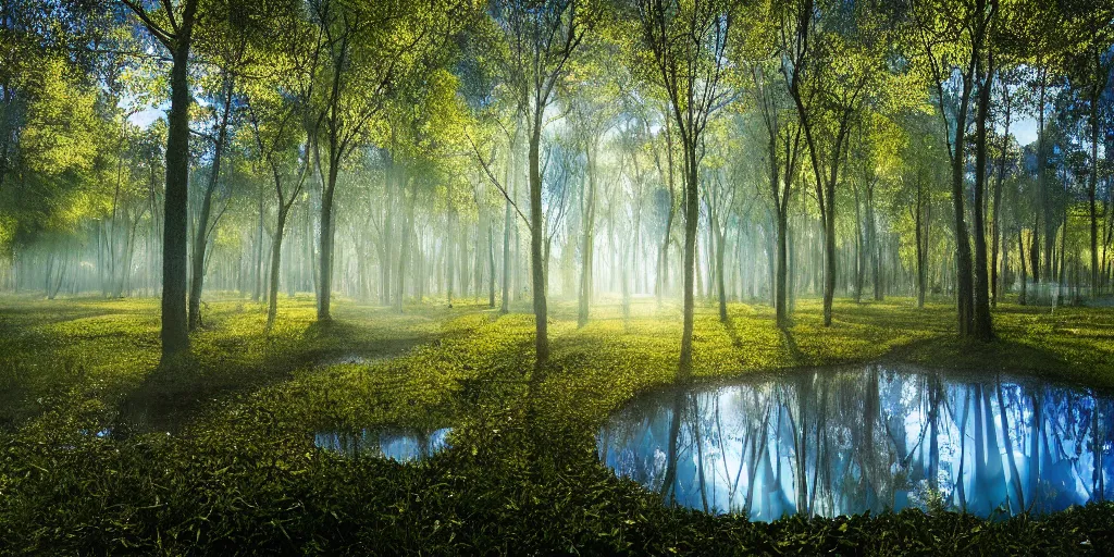 Image similar to immaculate forest with trees spaced at equidistant intervals between circular pools of water on the ground, with light flitering through the trees by pixar and amanda clarke, fairytale, magic realism, dynamic camera angle, deep 3 point perspective.