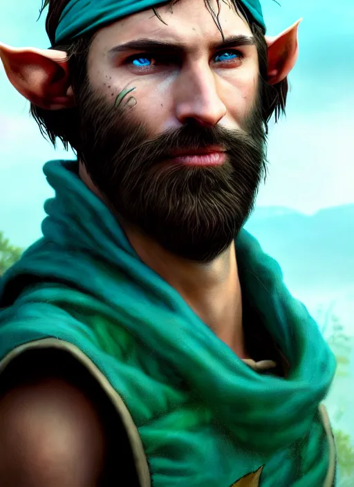 Image similar to A striking epic hyper real comic book style portait painting of an arrogant half-elf ranger, teal tunic, teal headband, shaggy brown hair, scruffy beard, scar on face, D&D Concept Art, unreal 5, DAZ, Apex legends concept art, hyperrealistic, octane render, cosplay, RPG portrait, dynamic lighting