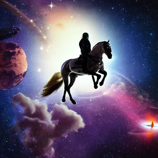 Prompt: a horse above a man in space suit, horse riding astronaut, space background, art