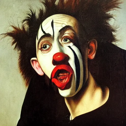 Image similar to detailing character concept portrait of clown by Caravaggio, on simple background, oil painting, middle close up composition