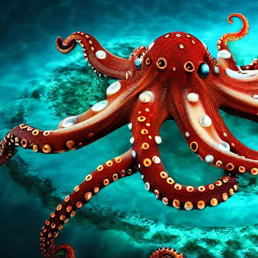 Image similar to A octopus in the ocean centered-photograph film still, dynamic action pose, National Geographic, insane detail, intricate, highly detailed, Zeiss Lens, DSLR photography, smooth, sharp focus, Unreal Engine 5, Octane Render, Redshift, 4k