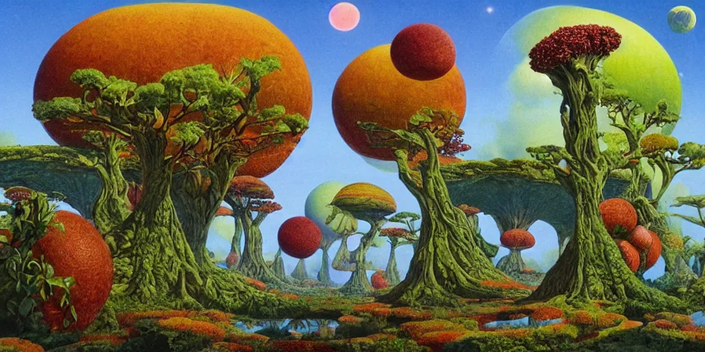Image similar to botanical, extraterrestrial trees with fractal fruits, morning, quiet planet, teratology, land, roger dean