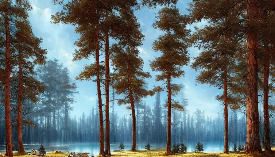 Image similar to portrait of a large lake surrounded by pine forest, highly detailed, sunny, blue sky, cinematic lighting, highly angle, godrays, volumetric, photorealistic, digital art painting by greg rutkowski