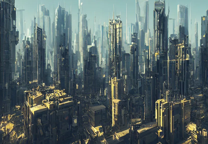 Prompt: the gilded minimalist city Vos cybertron, cityscape, tall minimalist skyscrapers, environment concept, digital art, unreal engine, WLOP, trending on artstation, 4K UHD image