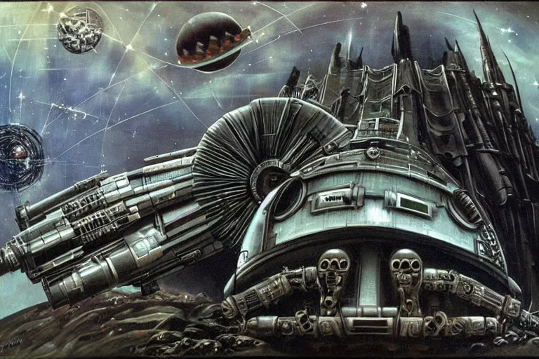 Prompt: atompunk space ship sailing the infinite cosmos, grand scale, raygun gothic style, painting by h. r. giger