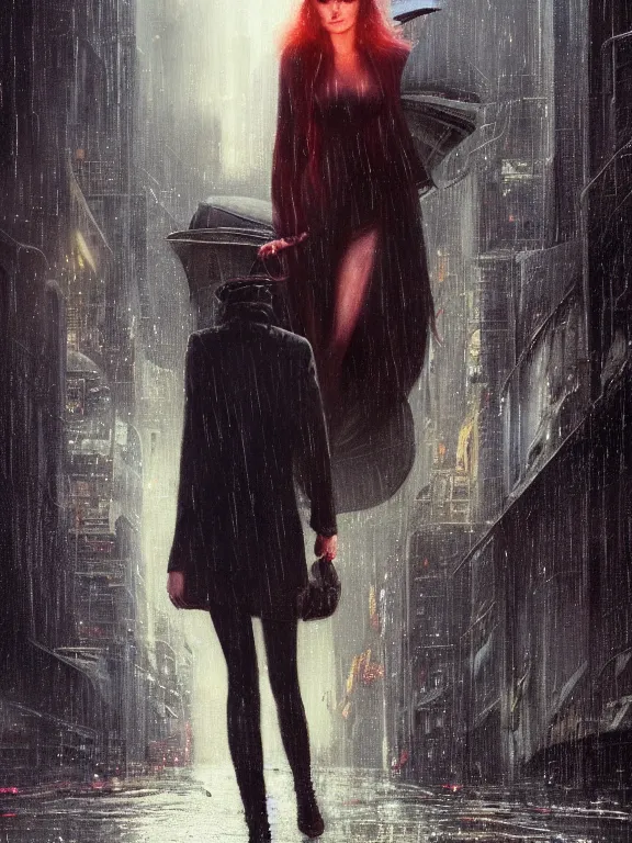 Prompt: portrait of Kirsten Dunst in the city in the rain,by tom bagshaw,Cedric Peyravernay,,James Paick,Ted Nasmith, peter gric,Hugh Ferriss,trending on artstation,8k,Blade Runner 2049,ultra realistic,high detail,golden ratio,cinematic lighting,maximalist