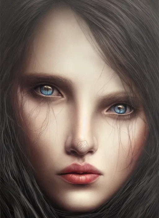 Image similar to hyper realistic, detailed portrait, close - up, dark witch, painting by tom bagshaw, smooth, sharp focus