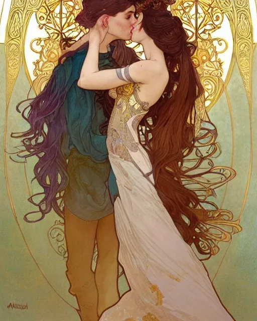 Image similar to the kiss | highly detailed | very intricate | art nouveau | gold filigree | romantic storybook fantasy | soft cinematic lighting | award - winning | disney concept art watercolor illustration by mandy jurgens and alphonse mucha and alena aenami | pastel color palette | featured on artstation