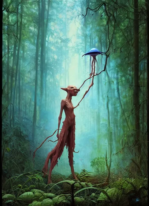 Image similar to hyper realistic magic alien in the woods in a river gorgeous lighting, lush forest foliage blue sky a hyper realistic painting by chiara bautista and beksinski and norman rockwell and greg rutkowski, tom bagshaw weta studio, and lucasfilm