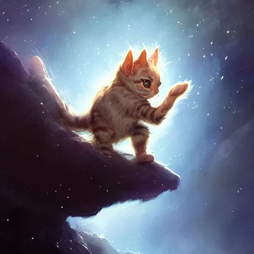 Image similar to a single cartoonish kitten dressed as Gandalf floating in space, bright stars, anime, a fantasy digital painting by Greg Rutkowski and James Gurney, trending on Artstation, highly detailed