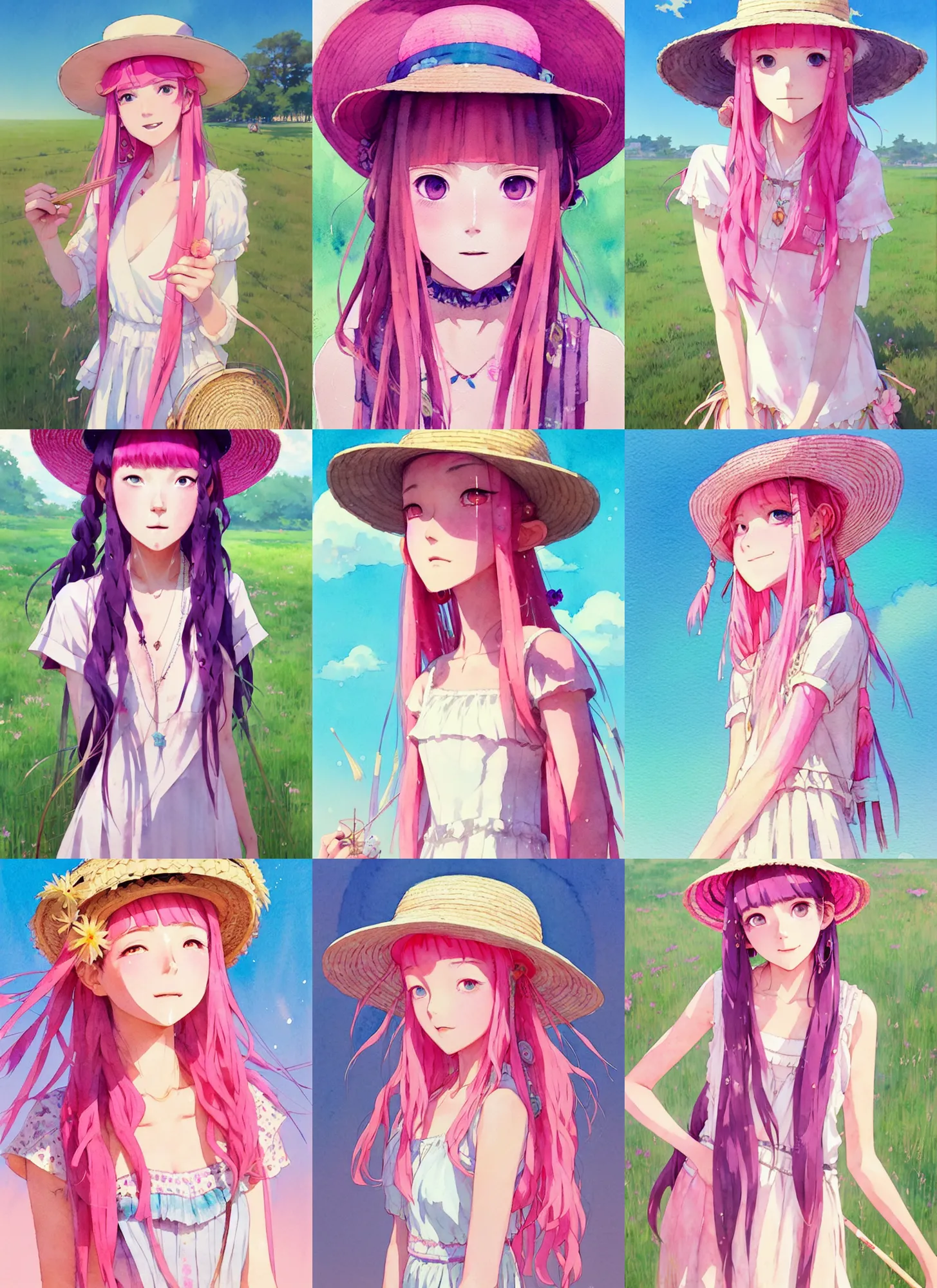 Prompt: portrait of a cute girl with pink hair with straw hat dress in boho style camping, symmetry face, top lighting, cute - fine - face, ( watercolor ), li bingbing, art by hidari and krenz cushart and wenjun lin and starember and kuvshinov ilya and kidmo and conrad roset and and makoto shinkai