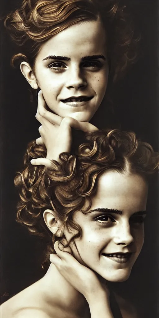 Image similar to emma watson smiling smiling smiling detailed portrait curly updo painting by gaston bussiere craig mullins j. c. leyendecker photograph by richard avedon peter lindbergh annie leibovitz