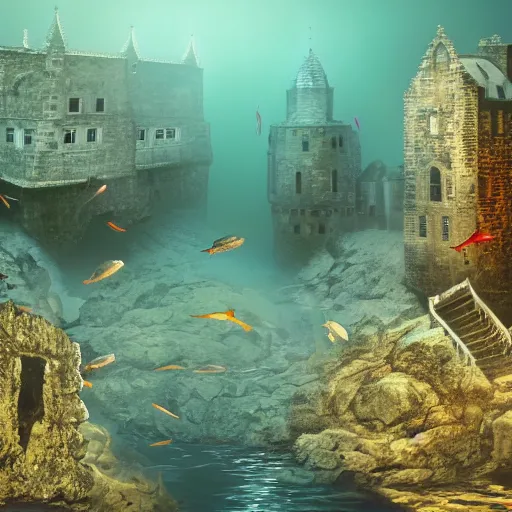 Prompt: underwater Edinburgh Castle, deep underwater, fish shoal, concept art in style of Greg Rutkowki, dynamic moody lighting, 4k, very highly detailed