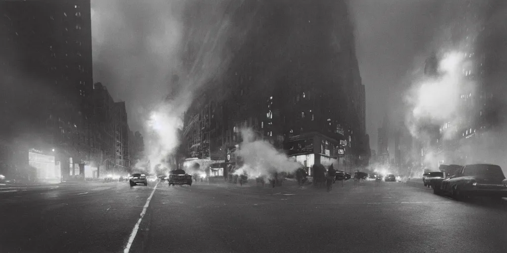 Prompt: a high resolution photo of a new york street at night surrounded with smoke and cars with bright headlights by joel meyerowitz and ansel adams, realistic photo, leica, magnum award winning photograph, parallax photography,