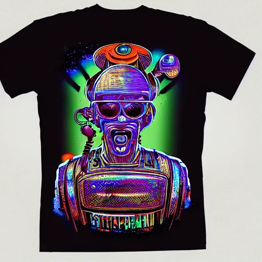 Image similar to mockup of a black tshirt with a hyperdetailed portrait of a steampunk robot by robert crumb, 8 k, symetrical, flourescent colors, happy trippy mood, multicolored,