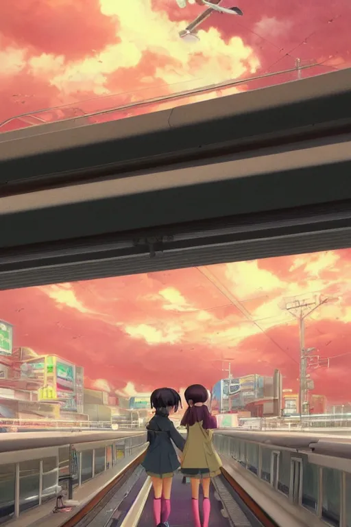 Prompt: 3d ultra realistic anime illustration, two schoolgirls flying on huge japanese elevated subway at rainy dark night sunset. cozy cottages all around. there's a plane flying in the sky. deep and complex composition. pastel colors. style of Hiro Kiyohara anime. redshift, octane, trending on artstation, cinematic, oil painting