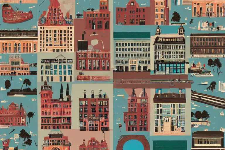 Prompt: A cityscape illustrations, by Wes Anderson