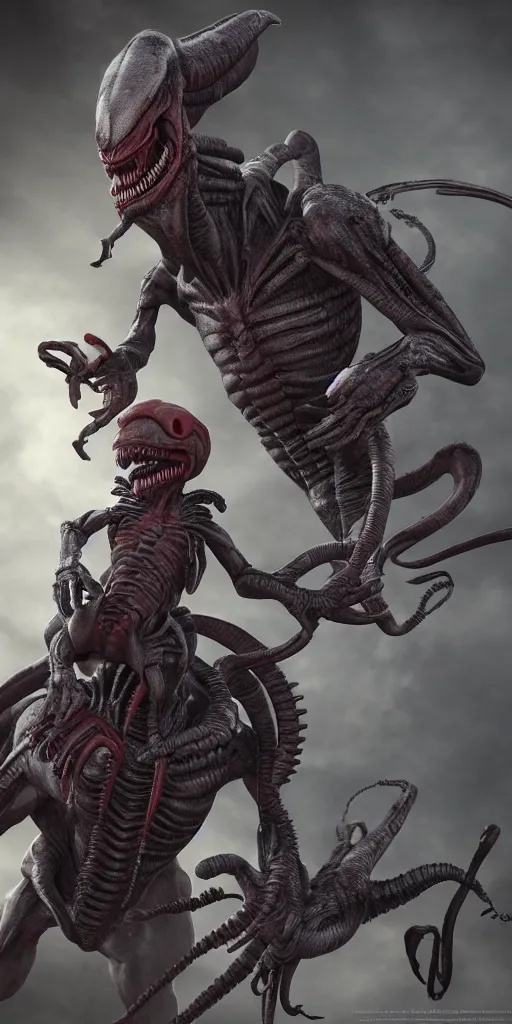 Image similar to baby predator and baby xenomorph, 3 d rendered, 3 d rendering, dramatic lighting, unreal engine