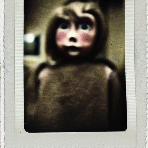 Image similar to aged polaroid photo of a scary doll in a london subway, gloomy, grainy