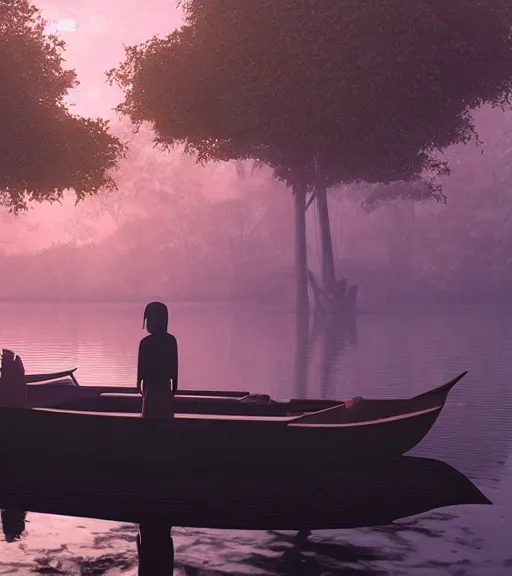 Image similar to three crows standing in a boat in a swamp, the reflection of the swamp, volumetric lighting, fog, majestic light, octane render, ethereal glare of the sun, hyperrealistic, epic, masterpiece, by makoto shinkai