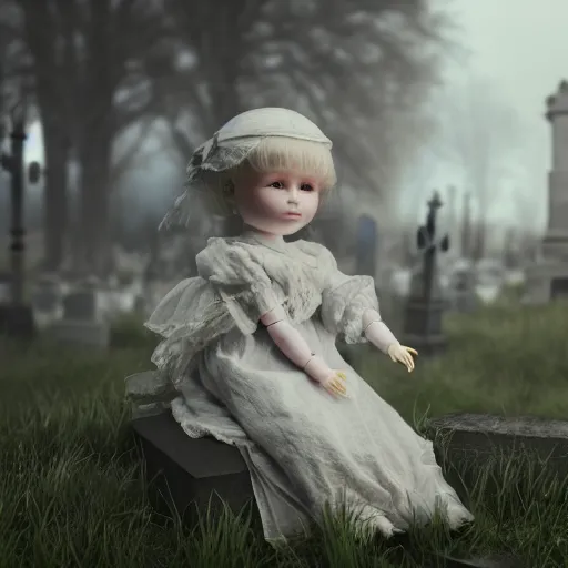 Image similar to an ethereal child's doll wearing victorian clothing and a sinister expression, sitting on a headstone in a cemetery, plague, fireflies, octane render, hypperreal, moody, cinematic composition, cinematic lighting, eerie, gothic, 8 k, hyper details, unreal engine, octane render